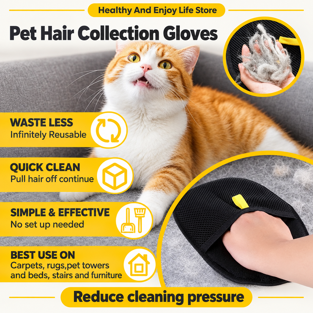 Pet hair remover glove feature infographic