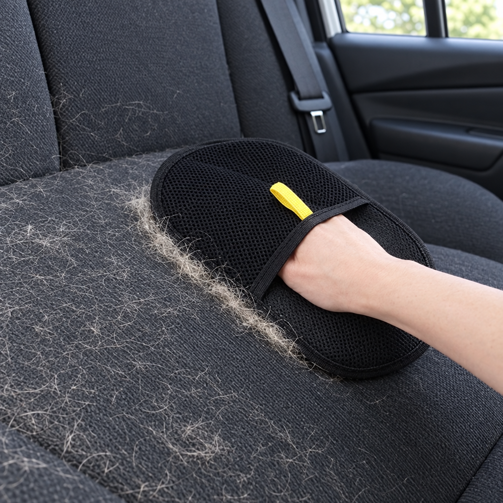Glove removing dog hair from a car seat
