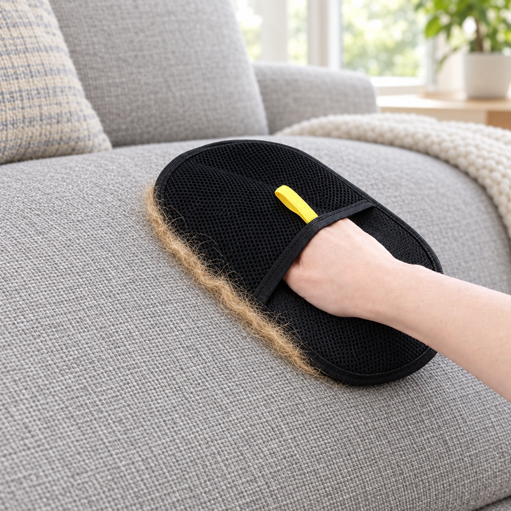 Glove lifting dog hair off a grey couch